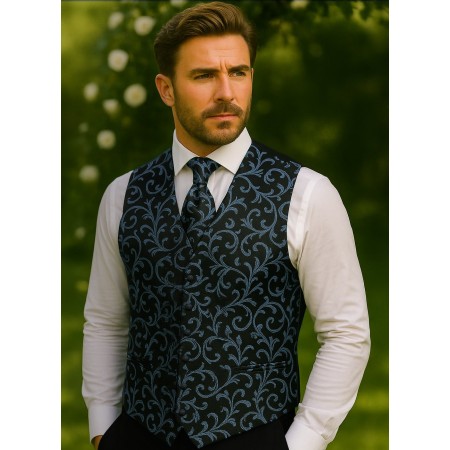 Morning Blue on Black Swirl Leaf Wedding Waistcoat #AB-WWA1000/17