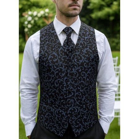 Morning Blue on Black Swirl Leaf Wedding Waistcoat #AB-WWA1000/17