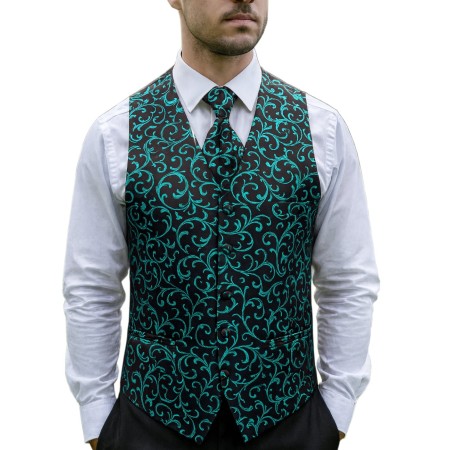 Teal on Black Swirl Leaf Wedding Waistcoat #AB-WWA1000/2