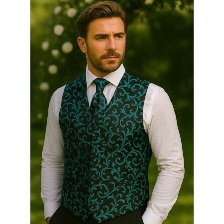 Teal on Black Swirl Leaf Wedding Waistcoat #AB-WWA1000/2