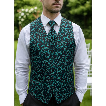 Teal on Black Swirl Leaf Wedding Waistcoat #AB-WWA1000/2