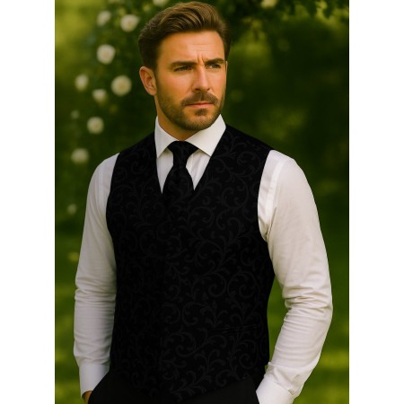Black on Black Swirl Leaf Wedding Waistcoat #AB-WWA1000/3
