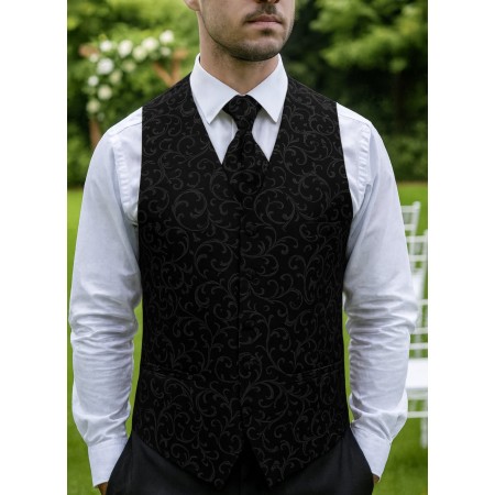 Black on Black Swirl Leaf Wedding Waistcoat #AB-WWA1000/3