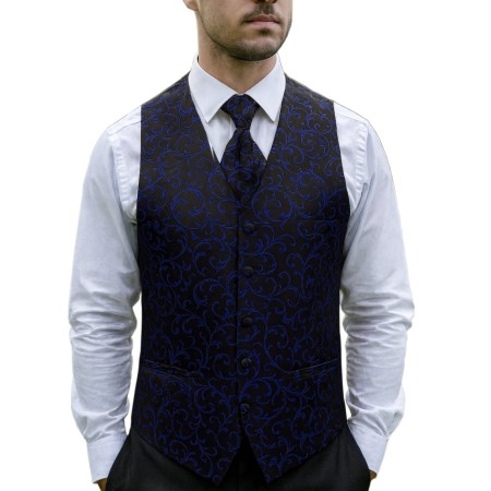 Navy on Black Swirl Leaf Wedding Waistcoat #AB-WWA1000/4