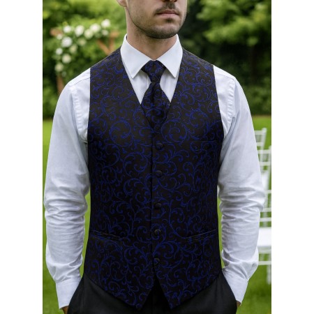 Navy on Black Swirl Leaf Wedding Waistcoat #AB-WWA1000/4