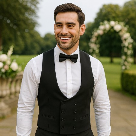 Black Tuxedo Double Breasted Waistcoat, 100% Wool #AB-WWD1011/1 
