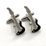 Silver Plated Electric Guitar Black Enamel Cufflinks