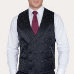 Black Double Breasted Shawl Waistcoat, Swirl Leaf #AB-WWC1000/3 