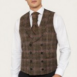 Brown Overcheck Double Breasted Shawl Wool Waistcoat #AB-WWC1020/1 