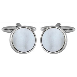 Silver Round Mother Of Pearl Rhodium Plated Cufflinks #90-1074
