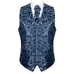 Morning Blue on Black Swirl Leaf Wedding Waistcoat #AB-WWA1000/17