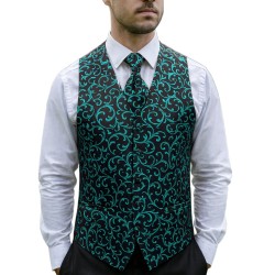 Teal on Black Swirl Leaf Wedding Waistcoat #AB-WWA1000/2