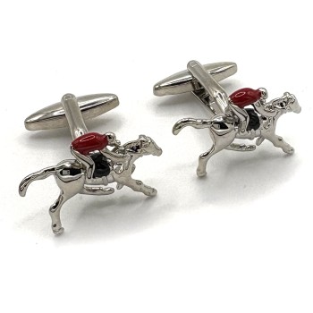 Silver Plated Horse & Jockey Red Enamel Cufflinks