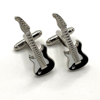 Silver Plated Electric Guitar Black Enamel Cufflinks