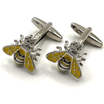 Silver Plated Bee Yellow Enamel Novelty Cufflinks