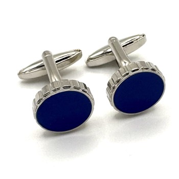 Navy Blue Enamel Round Silver Plated Cufflinks