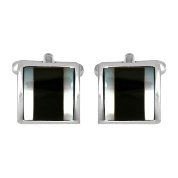 Silver Mother of Pearl & Onyx Rhodium Plated Cufflinks #90-1202