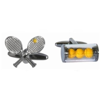 Grey Tennis Racket & Balls Rhodium Plated Cufflinks #90-1371