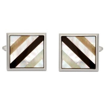 Silver Mother of Pearl & Onyx Rhodium Plated Cufflinks #90-2025