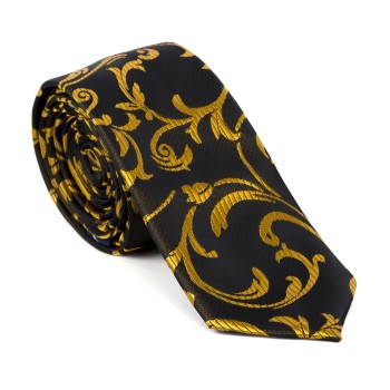 Gold on Black Swirl Leaf Slim Tie #AB-C1000/15