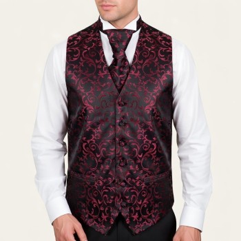 Burgundy on Black Swirl Leaf Wedding Waistcoat #AB-WWA1000/1