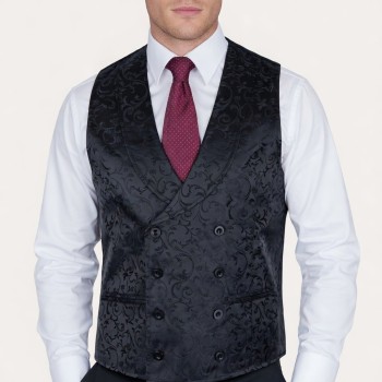 Black Double Breasted Shawl Waistcoat, Swirl Leaf #AB-WWC1000/3 