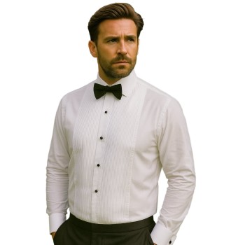 White Pleat Tailored Fit Dress Shirt, Double Cuff #Q203/1