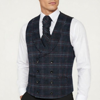 Navy Blue Overcheck Double Breasted Shawl Wool Waistcoat #AB-WWC1020/3