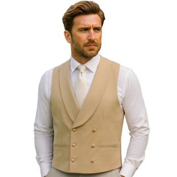 Champagne Buff Double-Breasted Fine Wool Formal Waistcoat #WW802/4