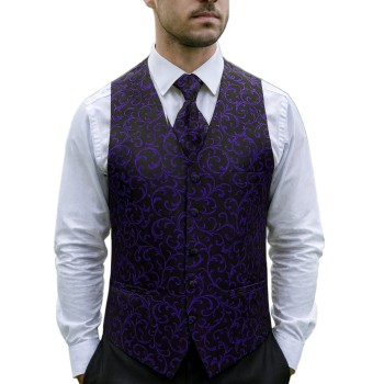 Purple on Black Swirl Leaf Formal Waistcoat #AB-WWA1000/14