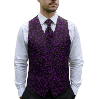 Plum on Black Swirl Leaf Formal Waistcoat #AB-WWA1000/16