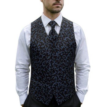 Morning Blue on Black Swirl Leaf Wedding Waistcoat #AB-WWA1000/17