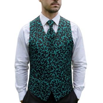 Teal on Black Swirl Leaf Wedding Waistcoat #AB-WWA1000/2