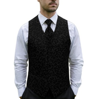 Black on Black Swirl Leaf Wedding Waistcoat #AB-WWA1000/3
