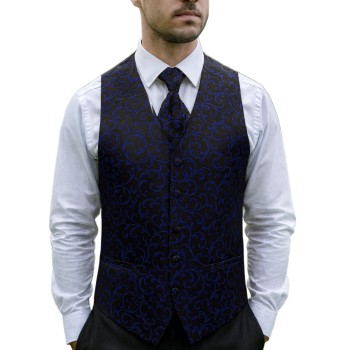 Navy on Black Swirl Leaf Wedding Waistcoat #AB-WWA1000/4