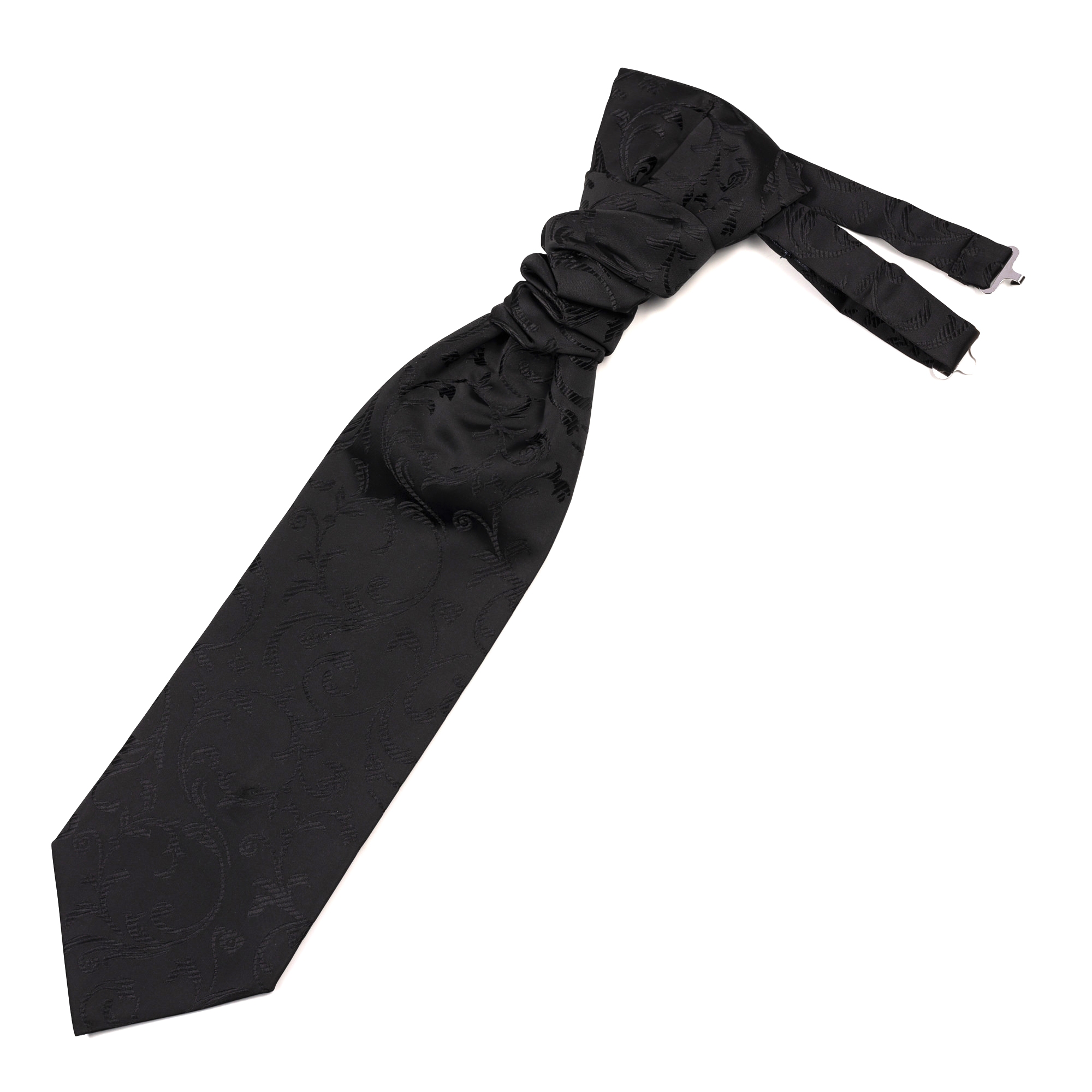 Black on Black Swirl Leaf Wedding Cravat - Patterned Black Jacquard Pre-Tied Cravat