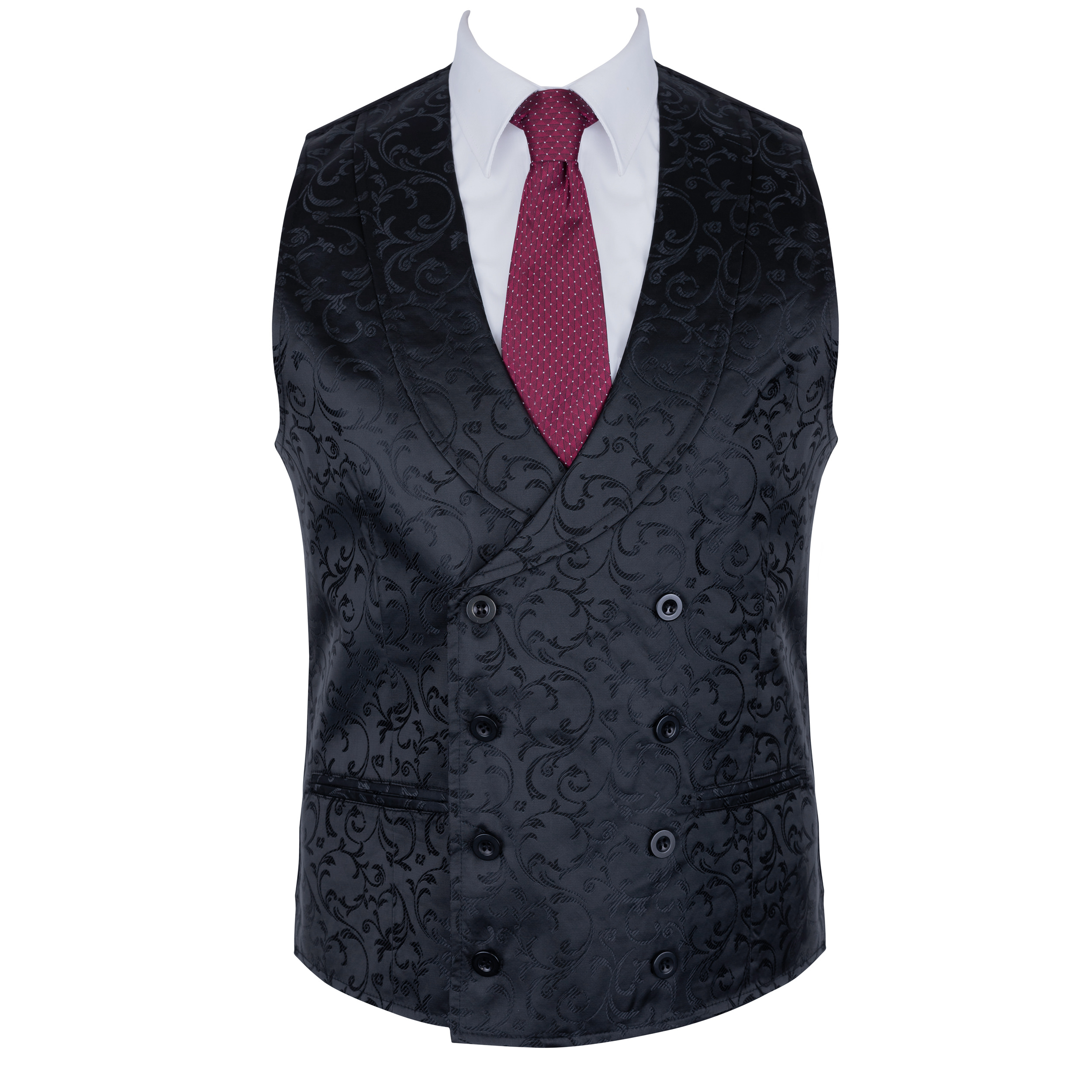 Black Double Breasted Shawl Waistcoat, Swirl Leaf Patterned