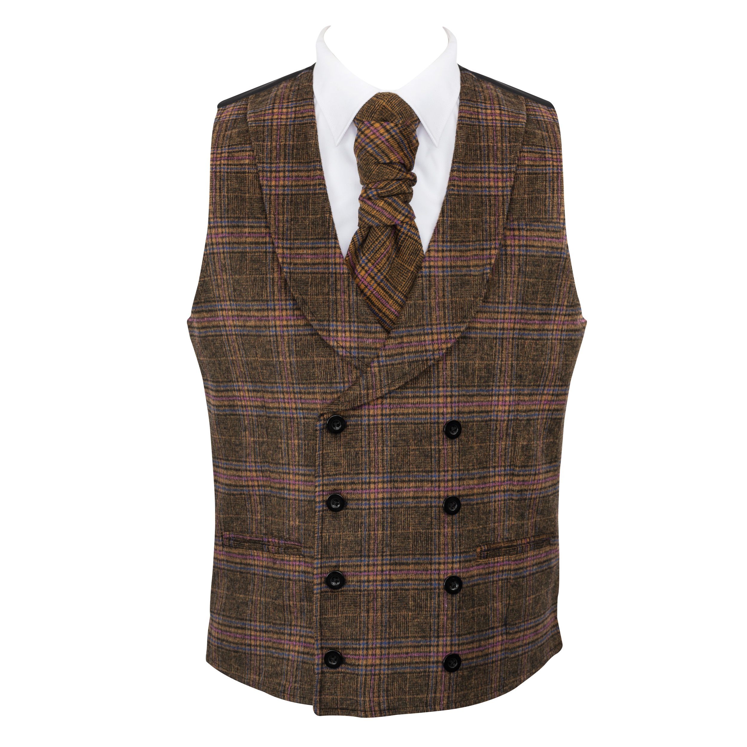 Brown Plaid Lapel Wool Waistcoat Double Breasted Shawl Button